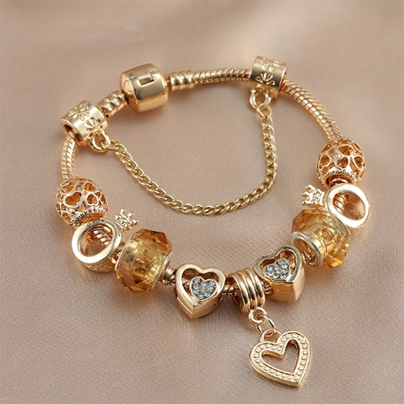 1PC Luxurious Gold-Plated Alloy Bracelet for Women | DIY Color-Protected Beaded Charms | Fashionable Love Charm Bracelet | Valentine's Day Gift Idea | Includes Elegant Gift Box | Premium Jewelry Accessory