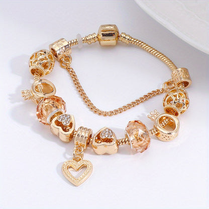 1PC Luxurious Gold-Plated Alloy Bracelet for Women | DIY Color-Protected Beaded Charms | Fashionable Love Charm Bracelet | Valentine's Day Gift Idea | Includes Elegant Gift Box | Premium Jewelry Accessory