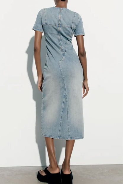 storexq Patchwork Simple Gradient Denim Midi Dress