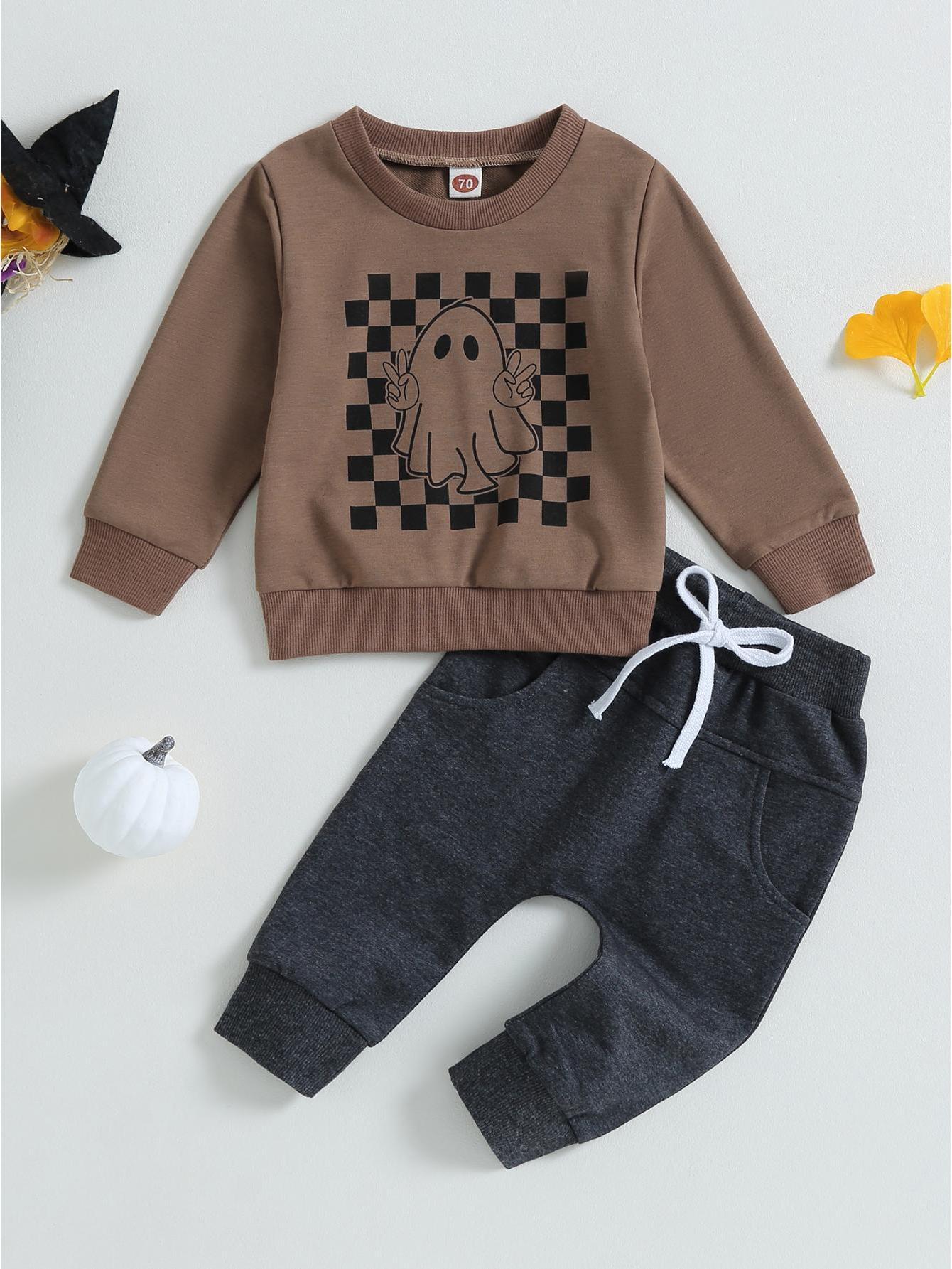 Toddler Boys Fall Outfits Checkerboard Ghost Print Crew Neck Long Sleeve Sweatshirts and Long Pants 2Pcs Halloween Clothes Set