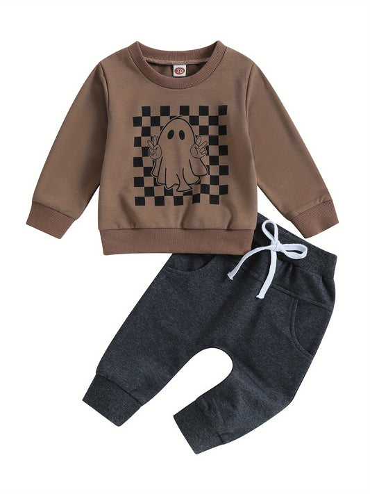 Toddler Boys Fall Outfits Checkerboard Ghost Print Crew Neck Long Sleeve Sweatshirts and Long Pants 2Pcs Halloween Clothes Set