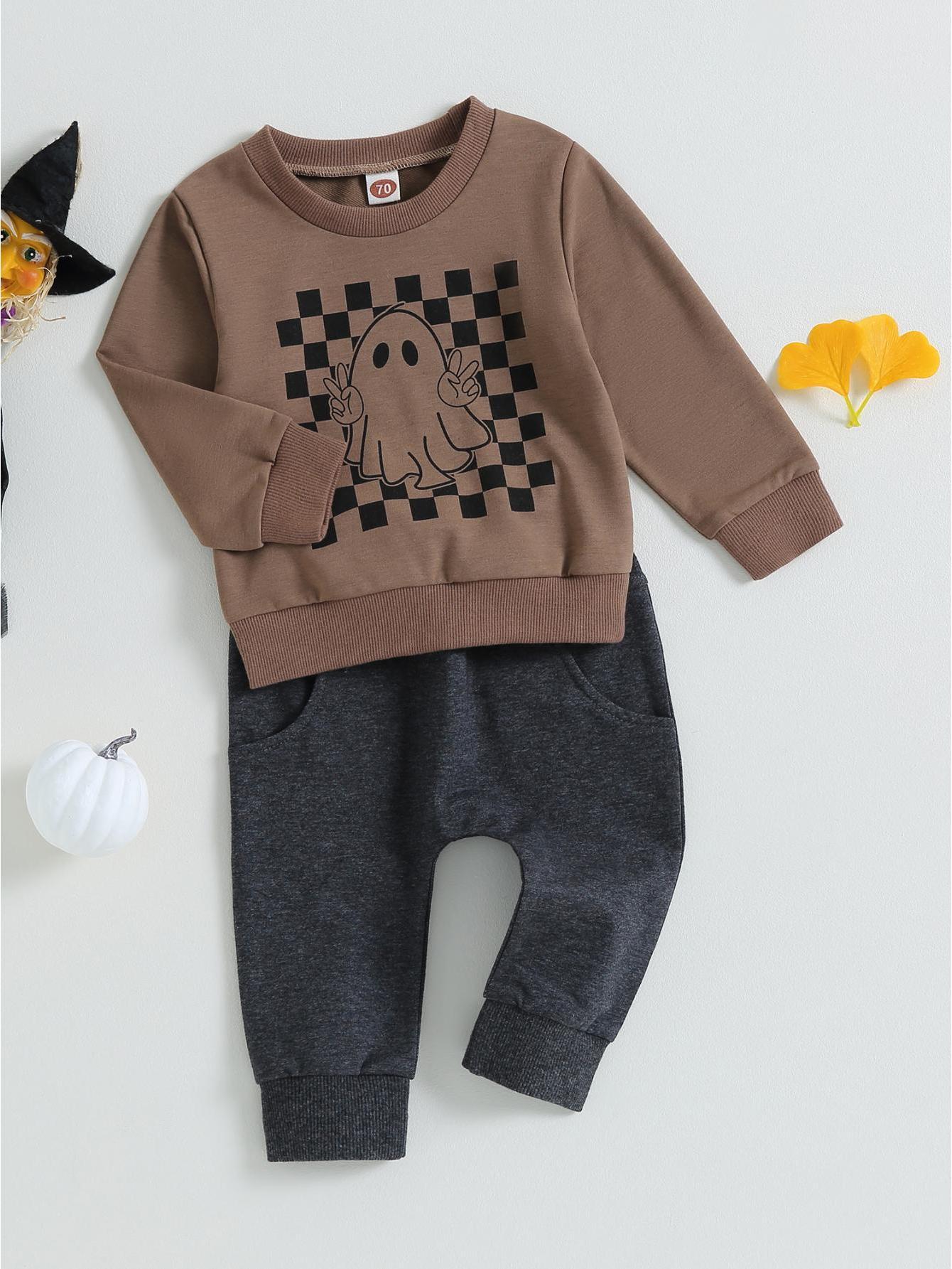 Toddler Boys Fall Outfits Checkerboard Ghost Print Crew Neck Long Sleeve Sweatshirts and Long Pants 2Pcs Halloween Clothes Set