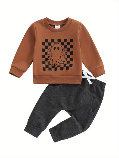 Toddler Boys Fall Outfits Checkerboard Ghost Print Crew Neck Long Sleeve Sweatshirts and Long Pants 2Pcs Halloween Clothes Set