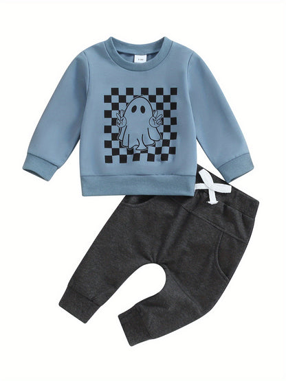 Toddler Boys Fall Outfits Checkerboard Ghost Print Crew Neck Long Sleeve Sweatshirts and Long Pants 2Pcs Halloween Clothes Set