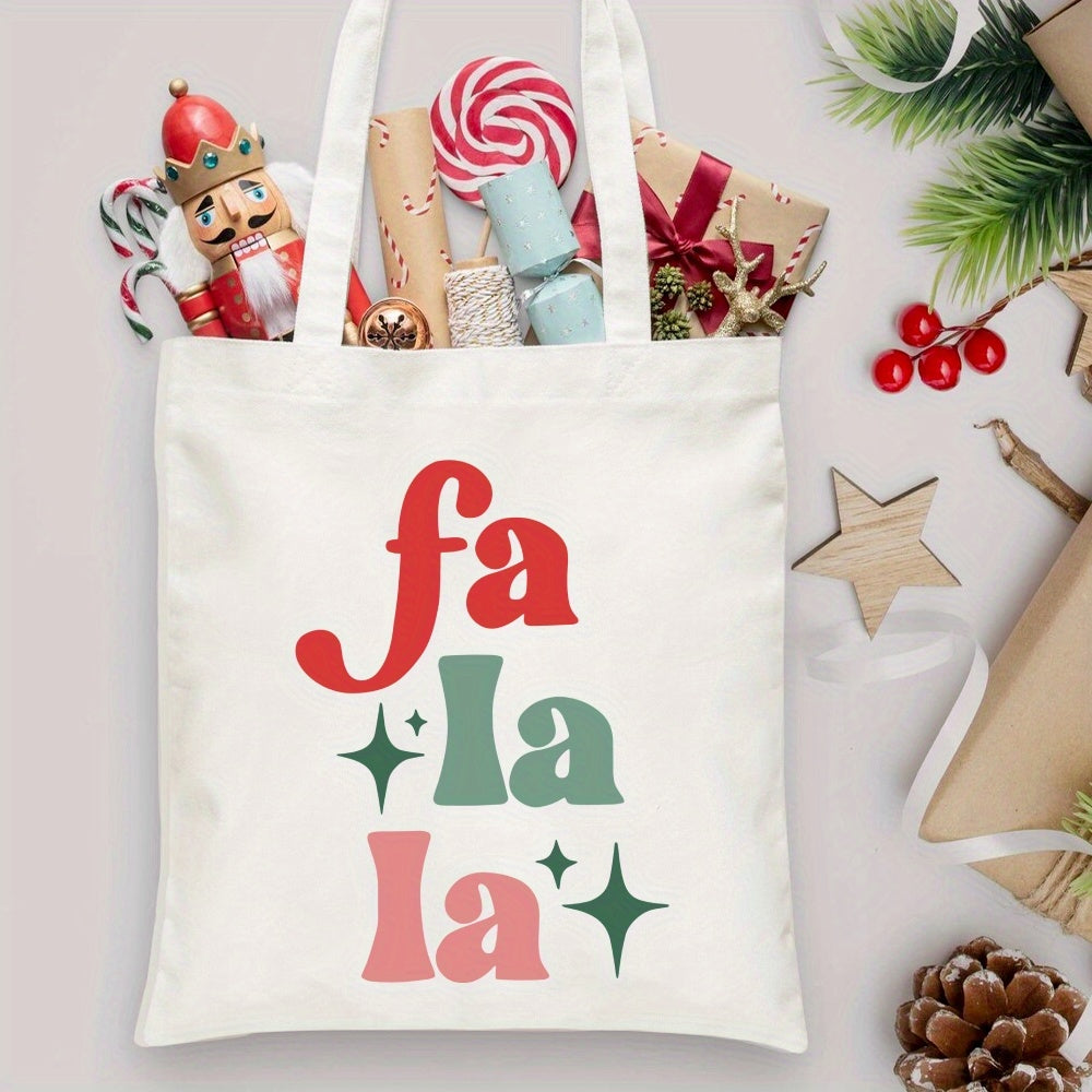 Christmas Aesthetic Tote Bag, Fa La La Printed Handbag Large Capacity Trendy Simple Style Durable Canvas Bags For Outdoor, Party, Travelling, Shopping