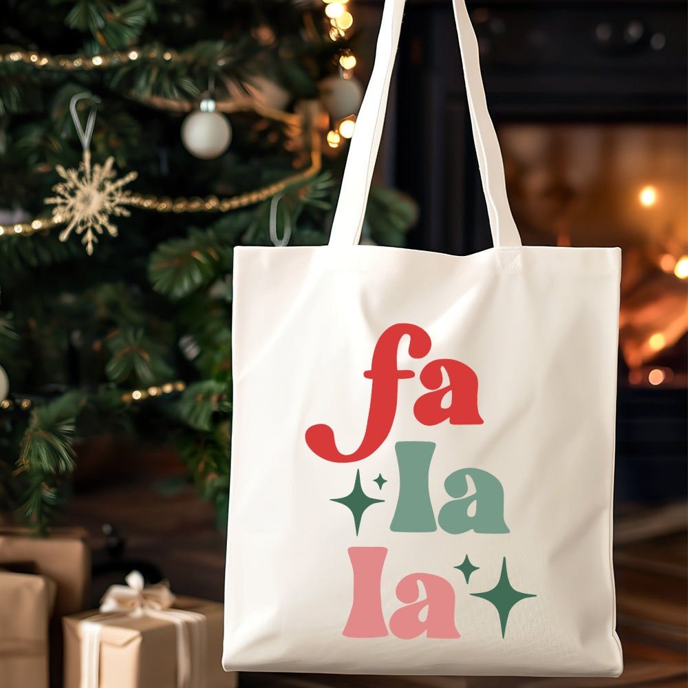 Christmas Aesthetic Tote Bag, Fa La La Printed Handbag Large Capacity Trendy Simple Style Durable Canvas Bags For Outdoor, Party, Travelling, Shopping