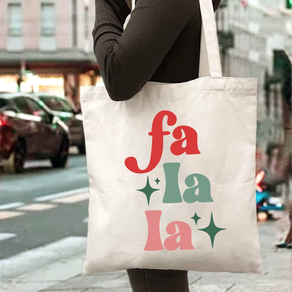 Christmas Aesthetic Tote Bag, Fa La La Printed Handbag Large Capacity Trendy Simple Style Durable Canvas Bags For Outdoor, Party, Travelling, Shopping