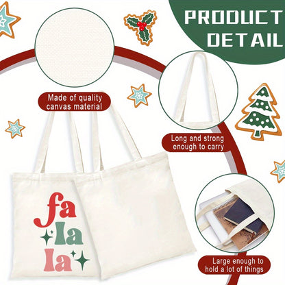 Christmas Aesthetic Tote Bag, Fa La La Printed Handbag Large Capacity Trendy Simple Style Durable Canvas Bags For Outdoor, Party, Travelling, Shopping