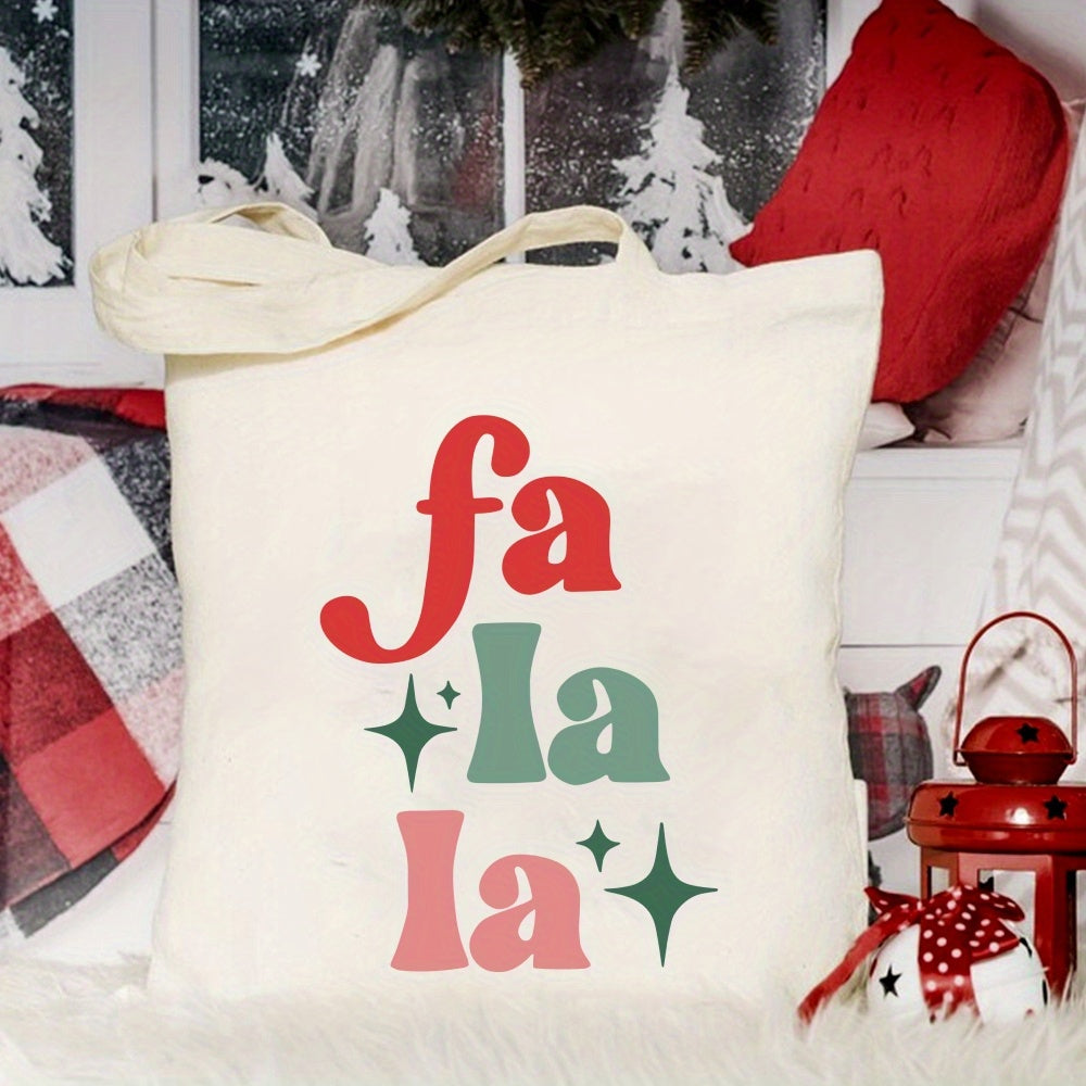 Christmas Aesthetic Tote Bag, Fa La La Printed Handbag Large Capacity Trendy Simple Style Durable Canvas Bags For Outdoor, Party, Travelling, Shopping