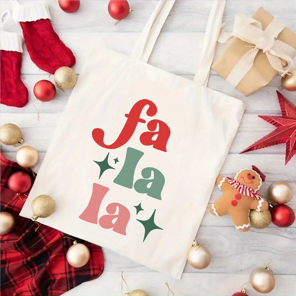 Christmas Aesthetic Tote Bag, Fa La La Printed Handbag Large Capacity Trendy Simple Style Durable Canvas Bags For Outdoor, Party, Travelling, Shopping