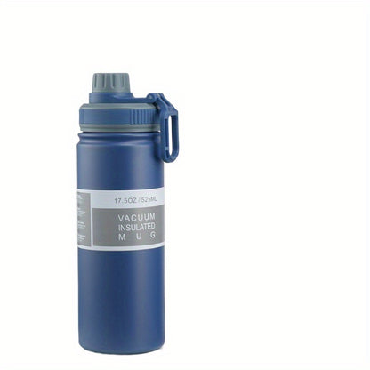 525mL Large Capacity 17.5oz Stainless Steel Vacuum Insulated Water Bottle - Portable Sports Flask with Handle, Food Contact Safe, Ideal Car Travel Mug