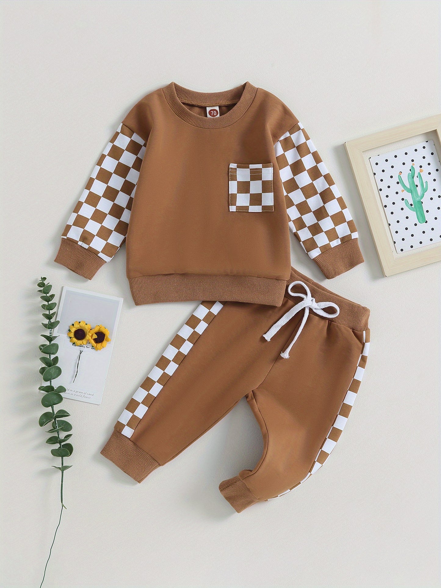 Toddler Boys Fall Outfits Checkerboard Patchwork Crew Neck Long Sleeve Sweatshirts and Elastic Waist Long Pants Set 2Pcs Winter Clothes