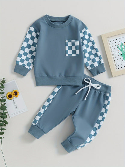 Toddler Boys Fall Outfits Checkerboard Patchwork Crew Neck Long Sleeve Sweatshirts and Elastic Waist Long Pants Set 2Pcs Winter Clothes