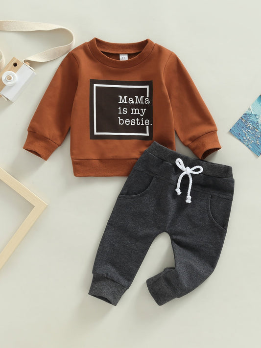 Baby Boys 2Pcs Fall Outfits, Long Sleeve Letter Print Pullover Tops and Pocket Pants Set