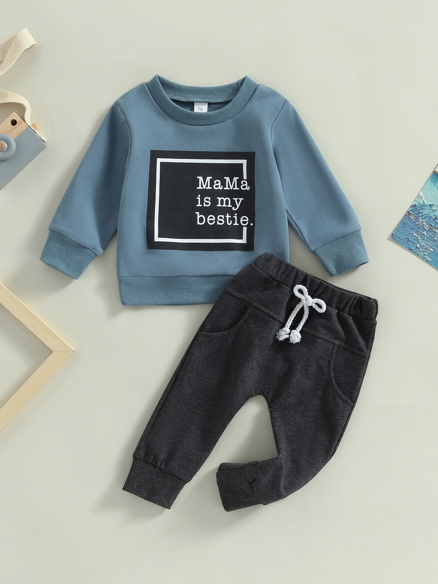 Baby Boys 2Pcs Fall Outfits, Long Sleeve Letter Print Pullover Tops and Pocket Pants Set