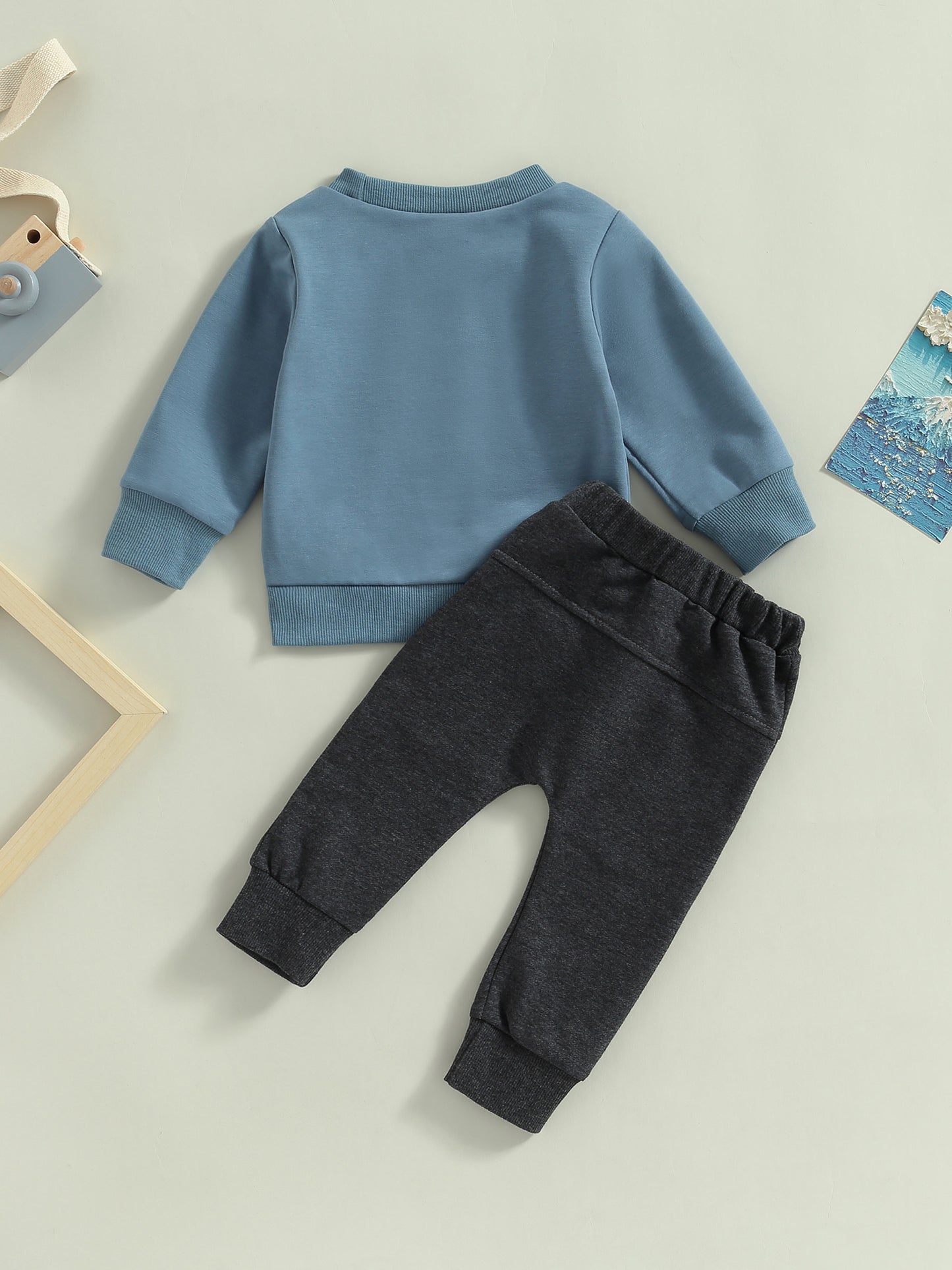 Baby Boys 2Pcs Fall Outfits, Long Sleeve Letter Print Pullover Tops and Pocket Pants Set