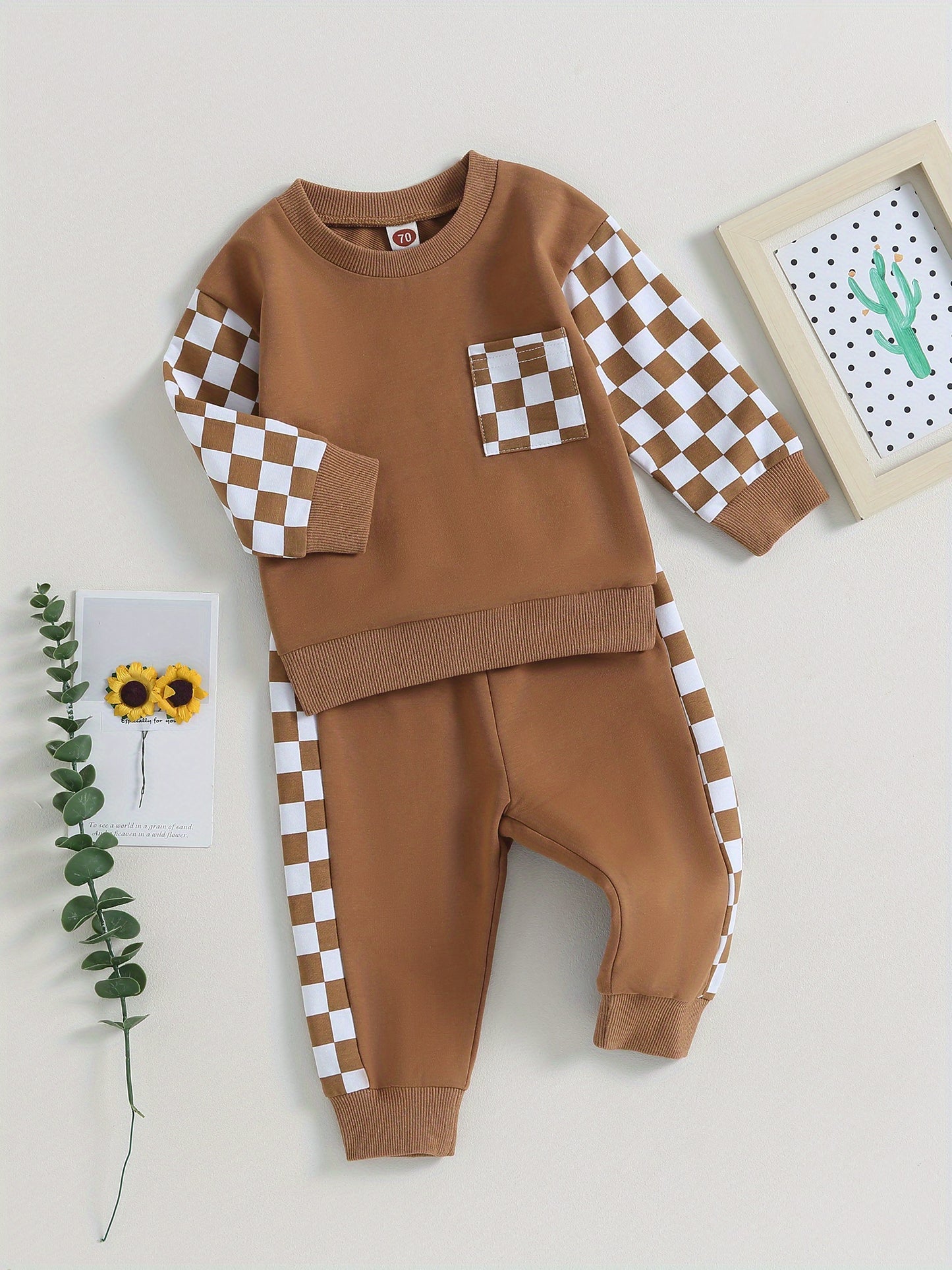 Toddler Boys Fall Outfits Checkerboard Patchwork Crew Neck Long Sleeve Sweatshirts and Elastic Waist Long Pants Set 2Pcs Winter Clothes