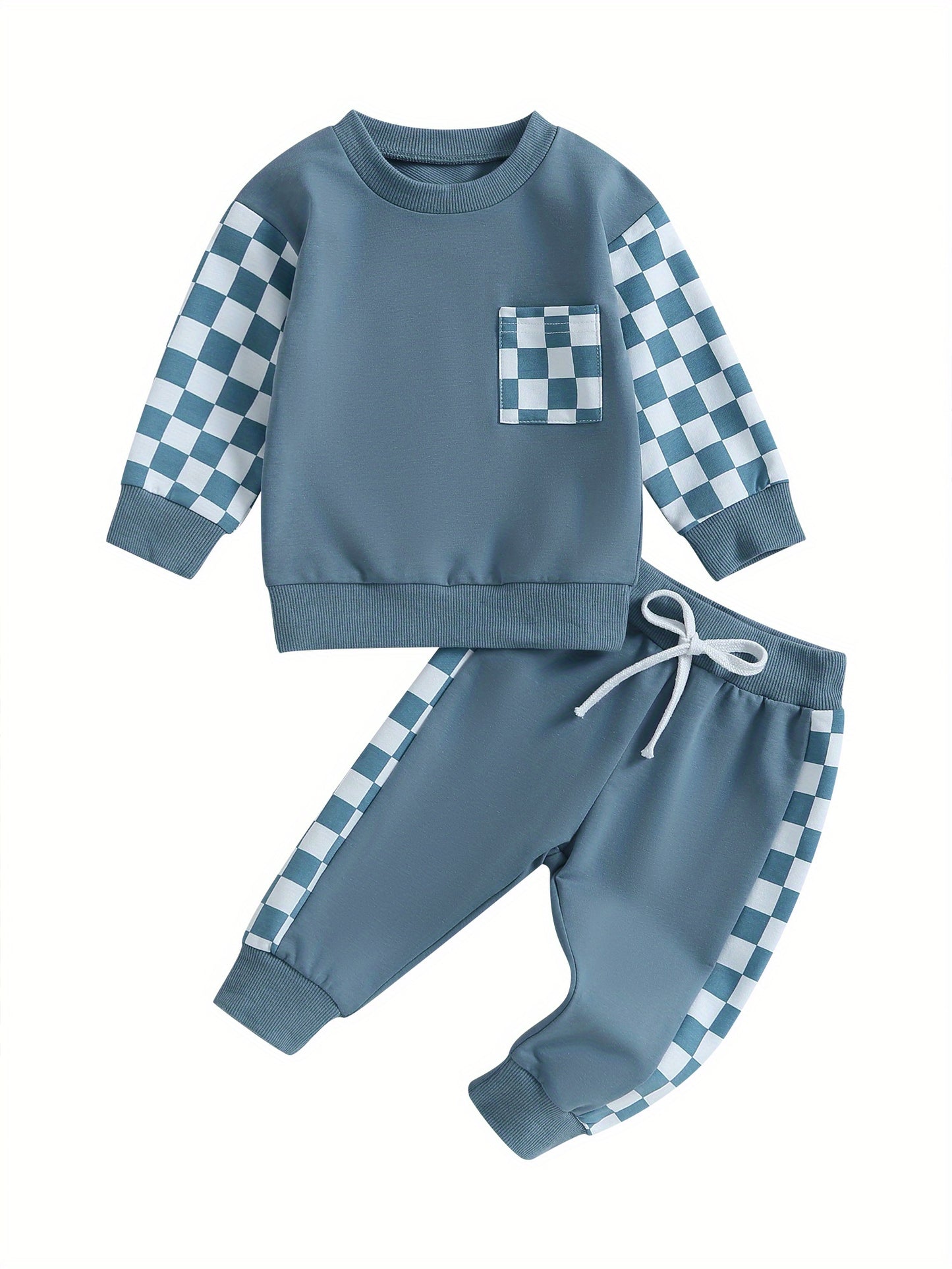 Toddler Boys Fall Outfits Checkerboard Patchwork Crew Neck Long Sleeve Sweatshirts and Elastic Waist Long Pants Set 2Pcs Winter Clothes