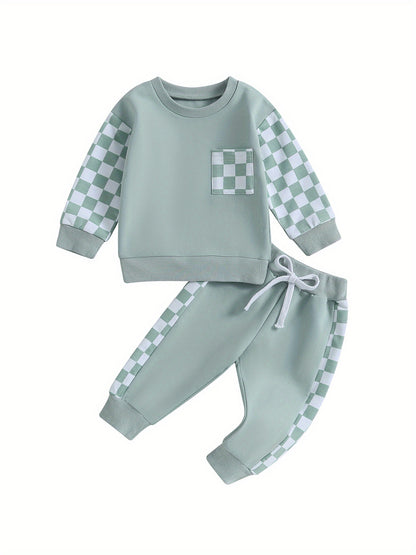 Toddler Boys Fall Outfits Checkerboard Patchwork Crew Neck Long Sleeve Sweatshirts and Elastic Waist Long Pants Set 2Pcs Winter Clothes