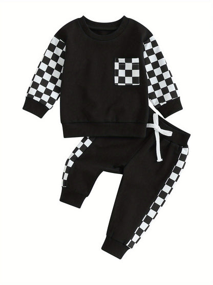 Toddler Boys Fall Outfits Checkerboard Patchwork Crew Neck Long Sleeve Sweatshirts and Elastic Waist Long Pants Set 2Pcs Winter Clothes