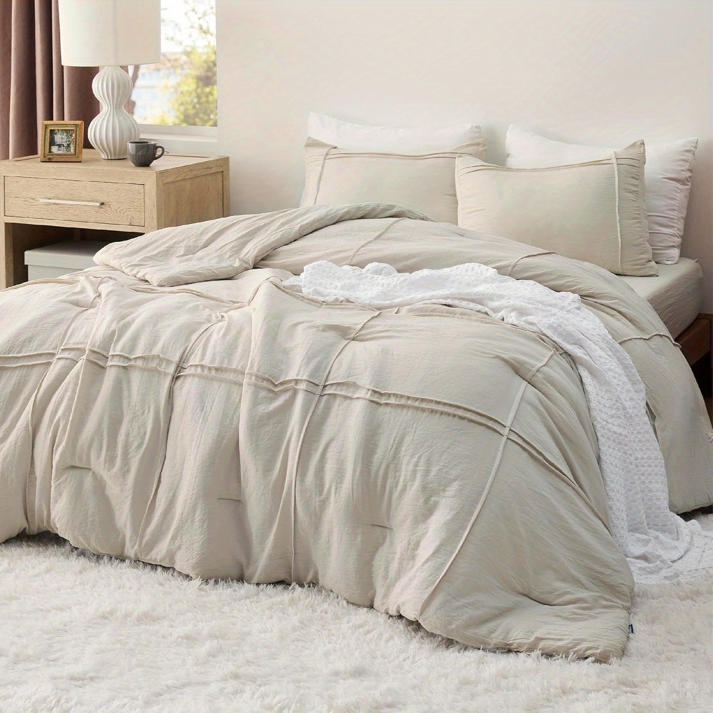 3pcs/ 4pcs Twin Comforter Set with Sheet - Soft Bedding Sets, Grid Pinch Pleat, All Season Lightweight Fluffy Bed Set with Solid Boho Comforter, Pillowcase & Sheet