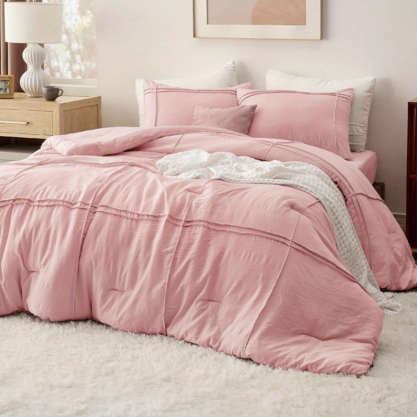 3pcs/ 4pcs Twin Comforter Set with Sheet - Soft Bedding Sets, Grid Pinch Pleat, All Season Lightweight Fluffy Bed Set with Solid Boho Comforter, Pillowcase & Sheet