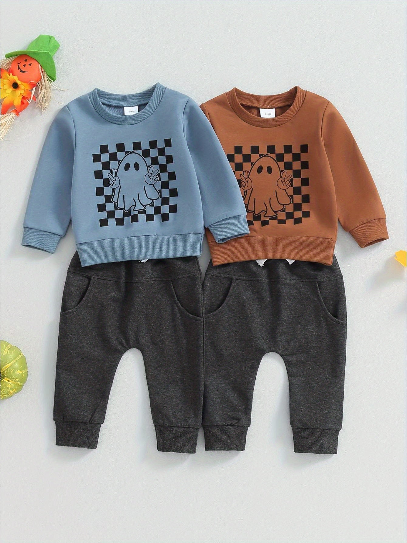 Toddler Boys Fall Outfits Checkerboard Ghost Print Crew Neck Long Sleeve Sweatshirts and Long Pants 2Pcs Halloween Clothes Set