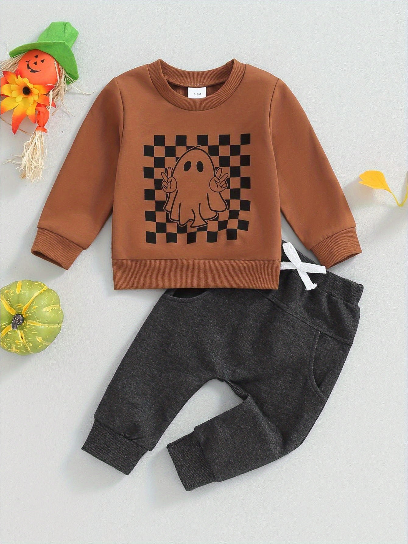 Toddler Boys Fall Outfits Checkerboard Ghost Print Crew Neck Long Sleeve Sweatshirts and Long Pants 2Pcs Halloween Clothes Set