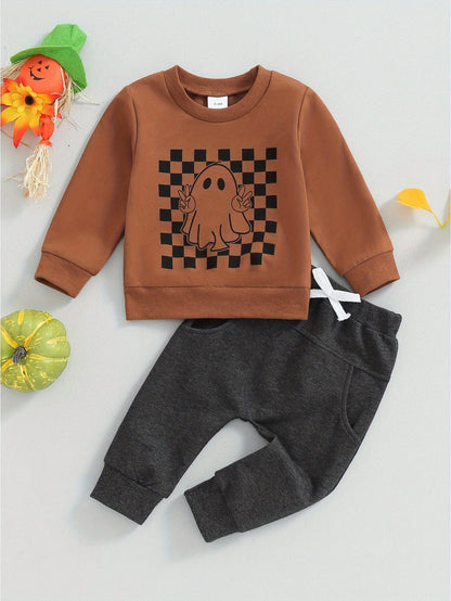 Toddler Boys Fall Outfits Checkerboard Ghost Print Crew Neck Long Sleeve Sweatshirts and Long Pants 2Pcs Halloween Clothes Set