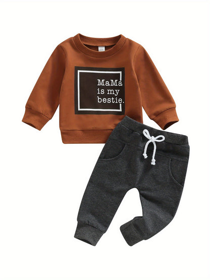 Baby Boys 2Pcs Fall Outfits, Long Sleeve Letter Print Pullover Tops and Pocket Pants Set