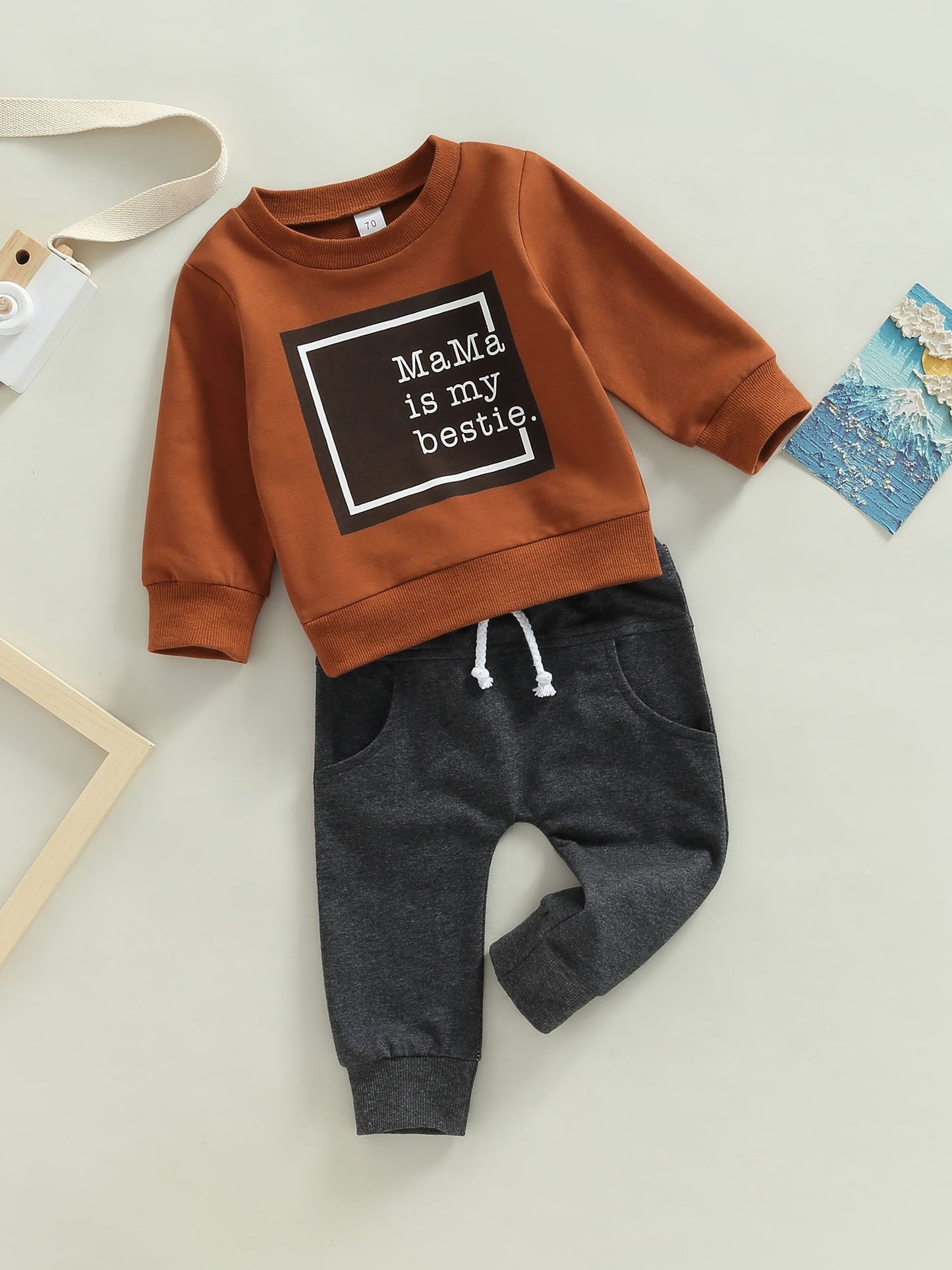 Baby Boys 2Pcs Fall Outfits, Long Sleeve Letter Print Pullover Tops and Pocket Pants Set