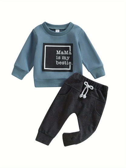 Baby Boys 2Pcs Fall Outfits, Long Sleeve Letter Print Pullover Tops and Pocket Pants Set