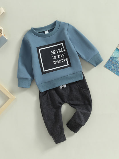 Baby Boys 2Pcs Fall Outfits, Long Sleeve Letter Print Pullover Tops and Pocket Pants Set