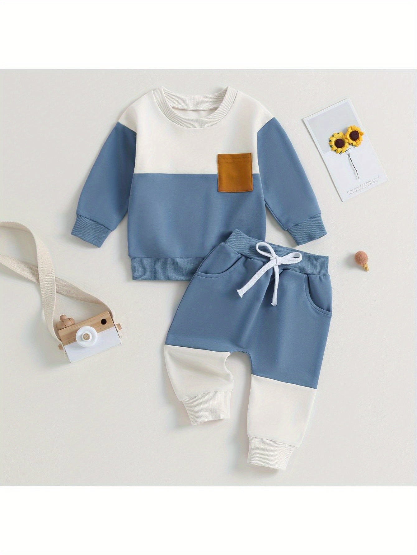 Infant Toddler Baby Boy Clothes Color Block Long Sleeve Sweatshirt Pullover Tops Jogger Pants Set Sweatsuit Fall Winter Outfits 2Pcs