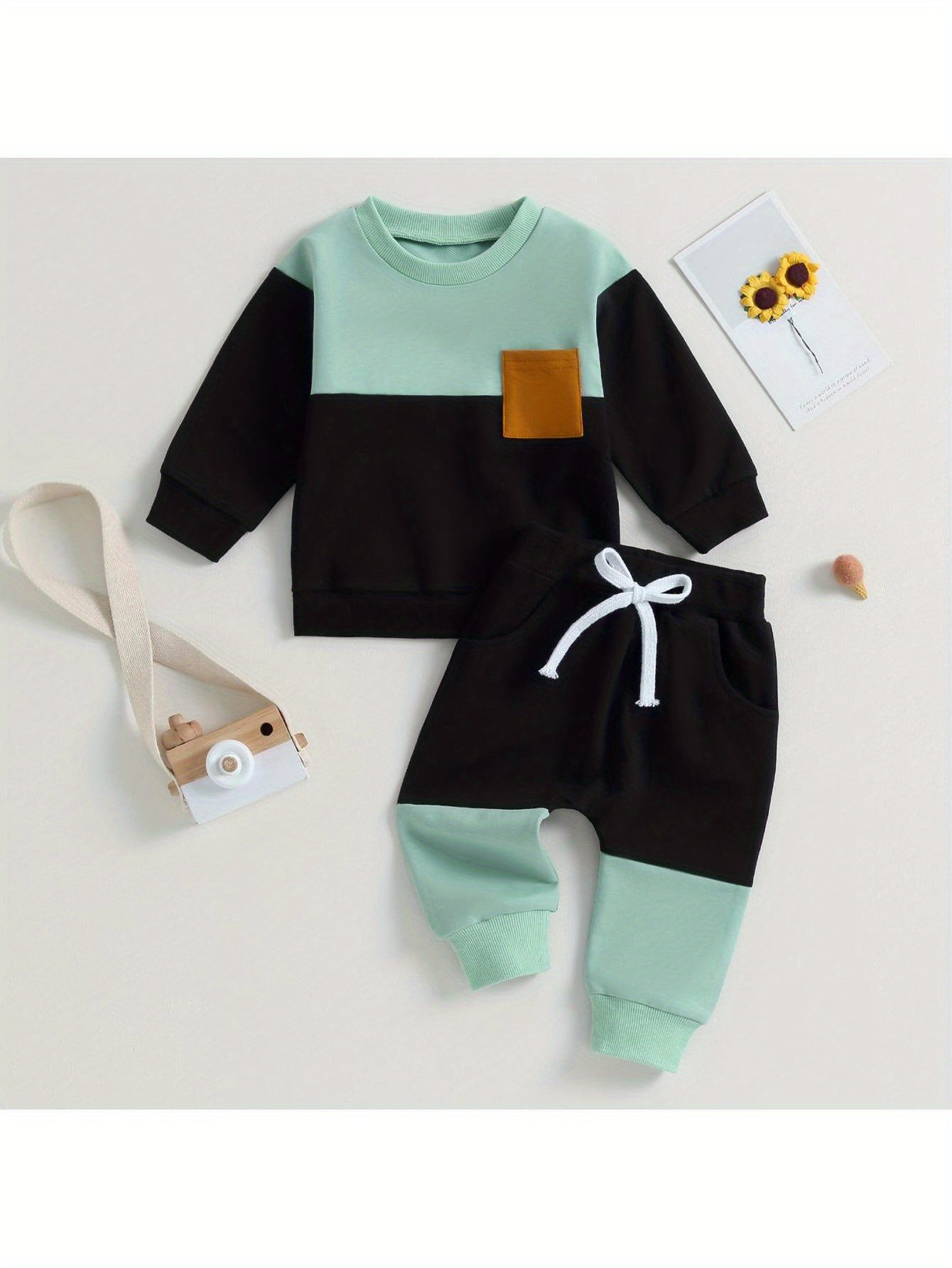 Infant Toddler Baby Boy Clothes Color Block Long Sleeve Sweatshirt Pullover Tops Jogger Pants Set Sweatsuit Fall Winter Outfits 2Pcs