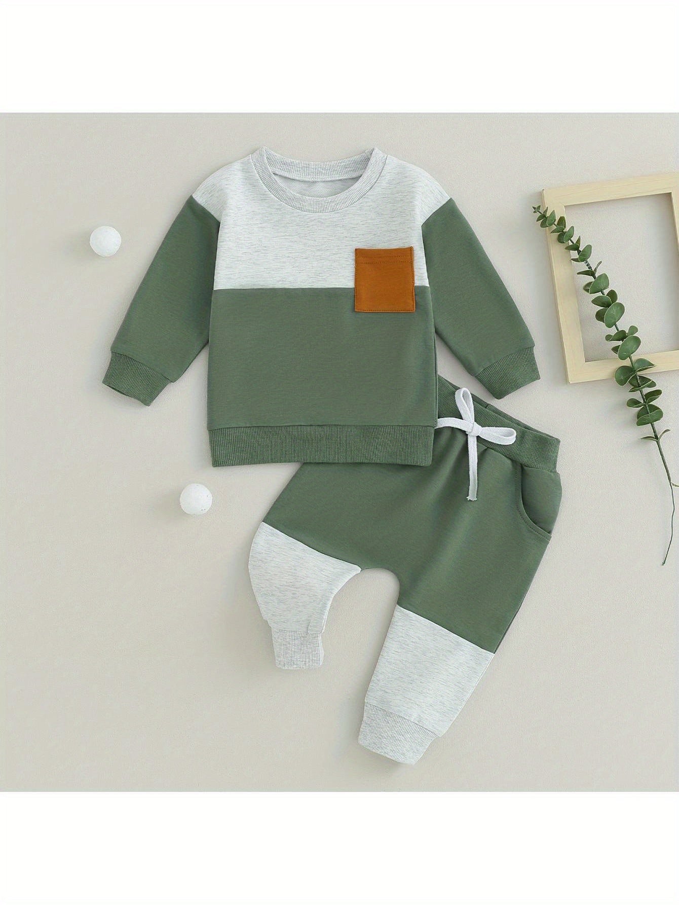 Infant Toddler Baby Boy Clothes Color Block Long Sleeve Sweatshirt Pullover Tops Jogger Pants Set Sweatsuit Fall Winter Outfits 2Pcs