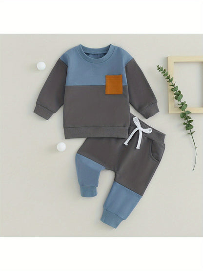 Infant Toddler Baby Boy Clothes Color Block Long Sleeve Sweatshirt Pullover Tops Jogger Pants Set Sweatsuit Fall Winter Outfits 2Pcs