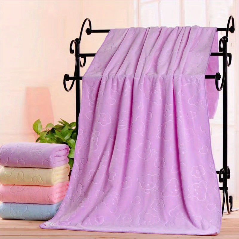 Ultra-Soft Quick-Dry Bath Towel - Lightweight, Embossed Polyester Blend with Cute Bear Design for Beach & Bathroom Use