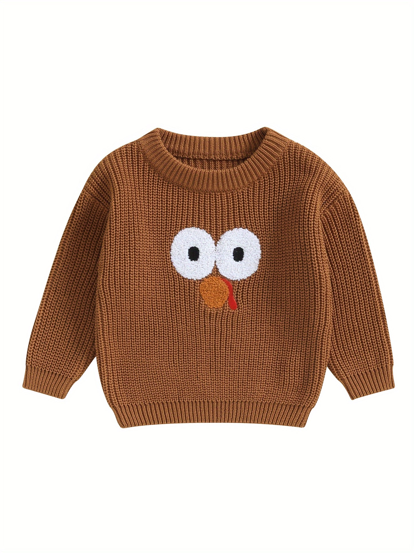 0-5 Years Adorable Turkey Embroidery Crew Neck Sweater - Soft, Long Sleeve, Fall Pullover for Kids, Boys, Girls - Thanksgiving Day Gift, Casual, Comfortable, Warm, Cozy Tops for Autumn