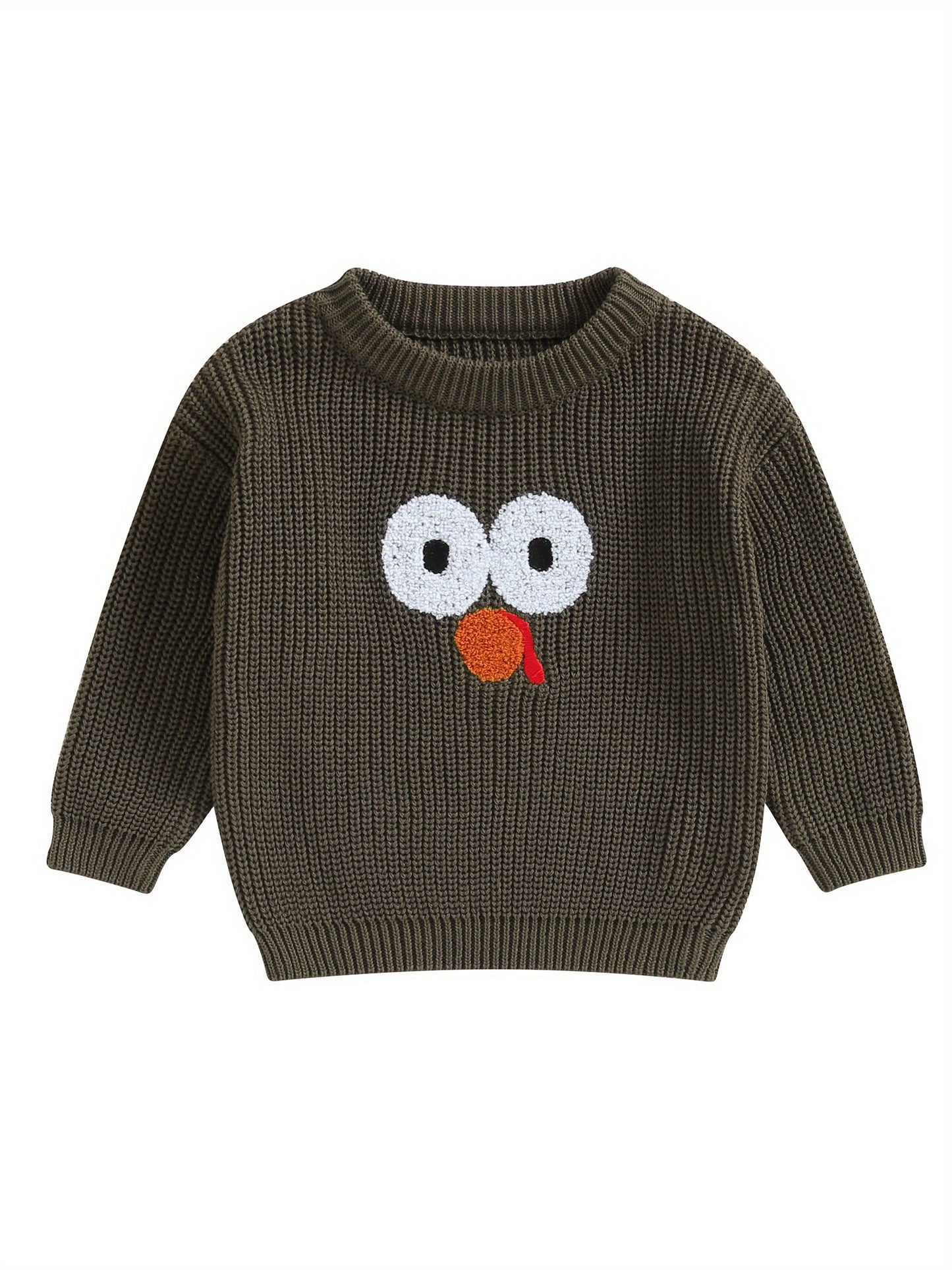 0-5 Years Adorable Turkey Embroidery Crew Neck Sweater - Soft, Long Sleeve, Fall Pullover for Kids, Boys, Girls - Thanksgiving Day Gift, Casual, Comfortable, Warm, Cozy Tops for Autumn