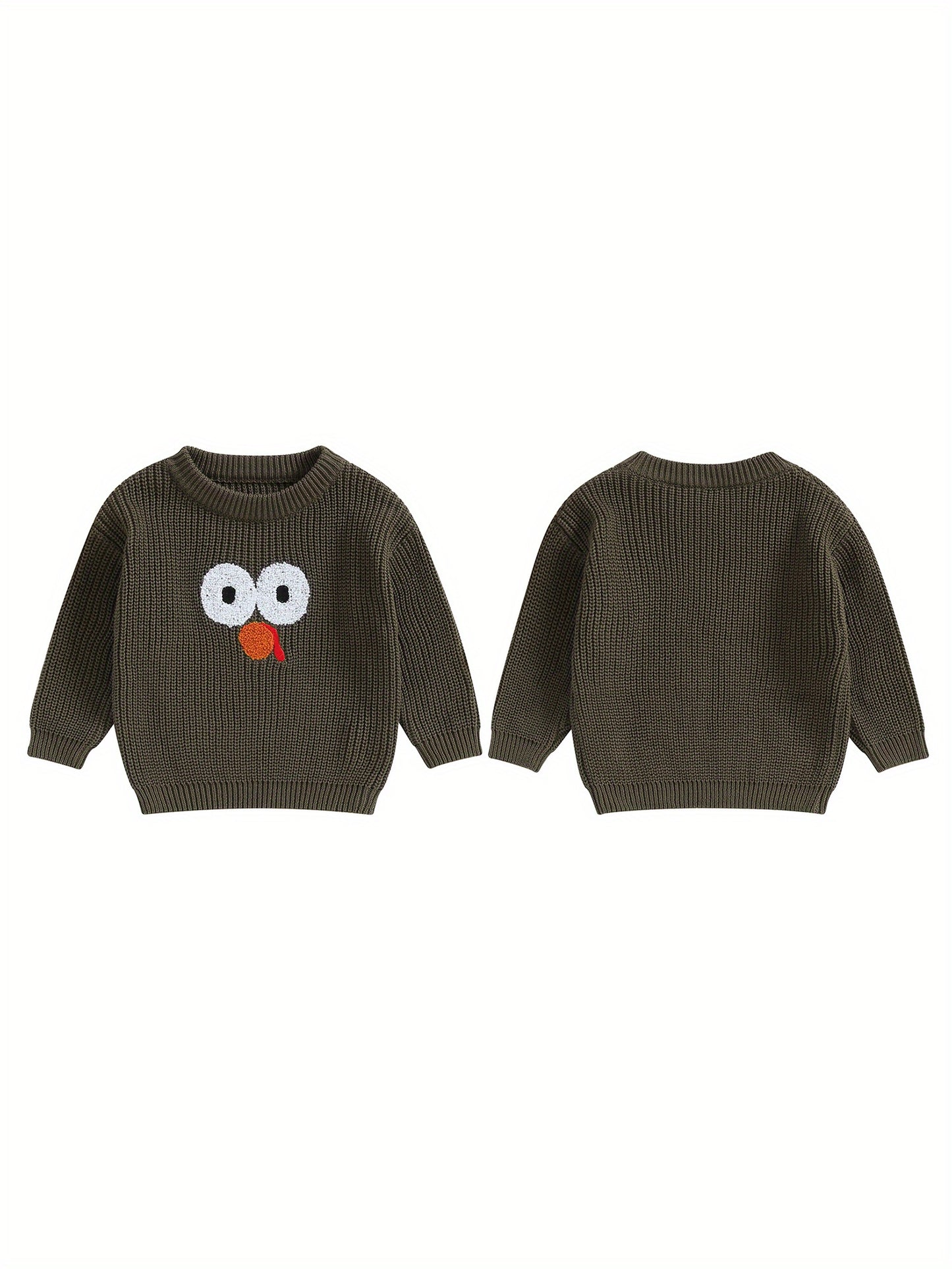 0-5 Years Adorable Turkey Embroidery Crew Neck Sweater - Soft, Long Sleeve, Fall Pullover for Kids, Boys, Girls - Thanksgiving Day Gift, Casual, Comfortable, Warm, Cozy Tops for Autumn