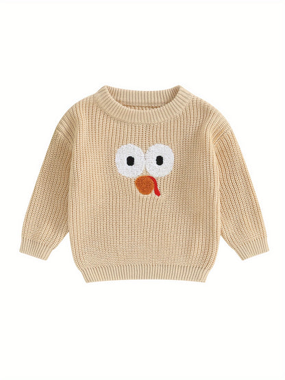 0-5 Years Adorable Turkey Embroidery Crew Neck Sweater - Soft, Long Sleeve, Fall Pullover for Kids, Boys, Girls - Thanksgiving Day Gift, Casual, Comfortable, Warm, Cozy Tops for Autumn