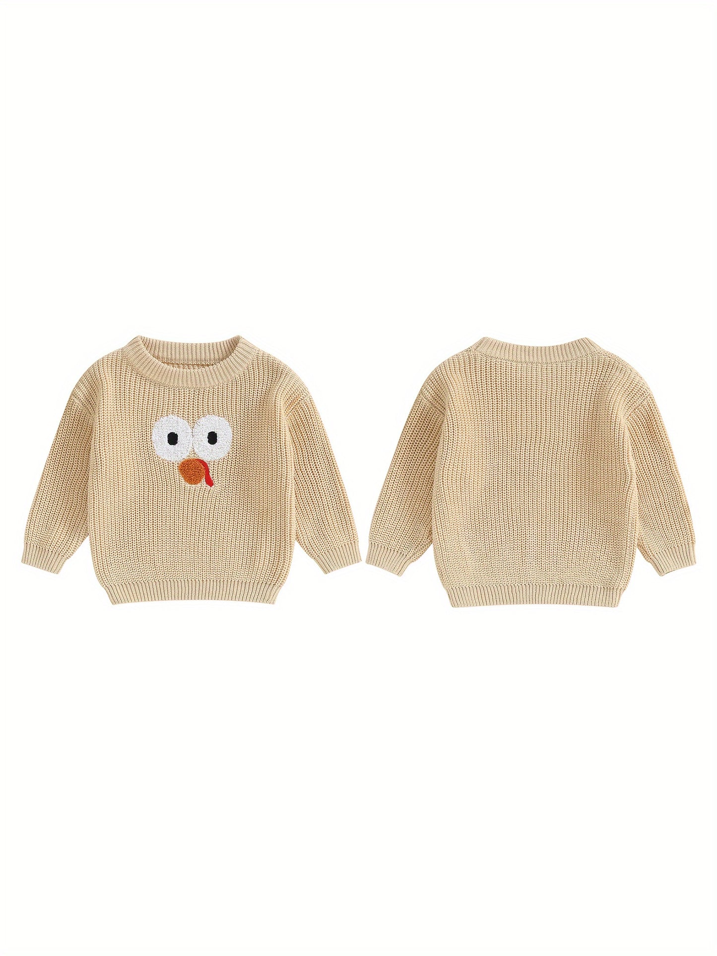 0-5 Years Adorable Turkey Embroidery Crew Neck Sweater - Soft, Long Sleeve, Fall Pullover for Kids, Boys, Girls - Thanksgiving Day Gift, Casual, Comfortable, Warm, Cozy Tops for Autumn