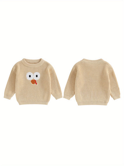 0-5 Years Adorable Turkey Embroidery Crew Neck Sweater - Soft, Long Sleeve, Fall Pullover for Kids, Boys, Girls - Thanksgiving Day Gift, Casual, Comfortable, Warm, Cozy Tops for Autumn