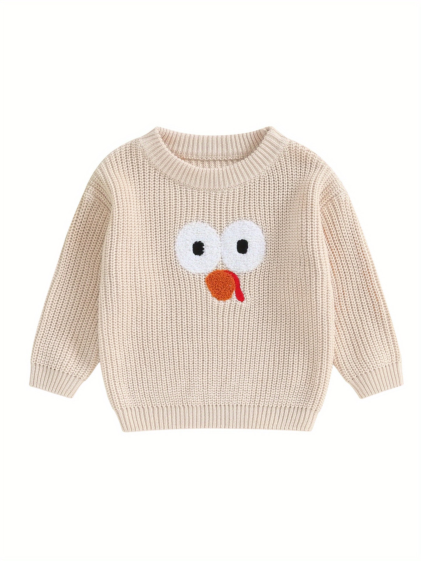 0-5 Years Adorable Turkey Embroidery Crew Neck Sweater - Soft, Long Sleeve, Fall Pullover for Kids, Boys, Girls - Thanksgiving Day Gift, Casual, Comfortable, Warm, Cozy Tops for Autumn