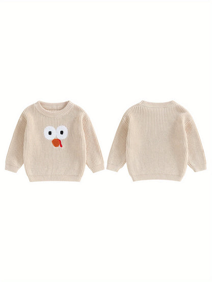 0-5 Years Adorable Turkey Embroidery Crew Neck Sweater - Soft, Long Sleeve, Fall Pullover for Kids, Boys, Girls - Thanksgiving Day Gift, Casual, Comfortable, Warm, Cozy Tops for Autumn