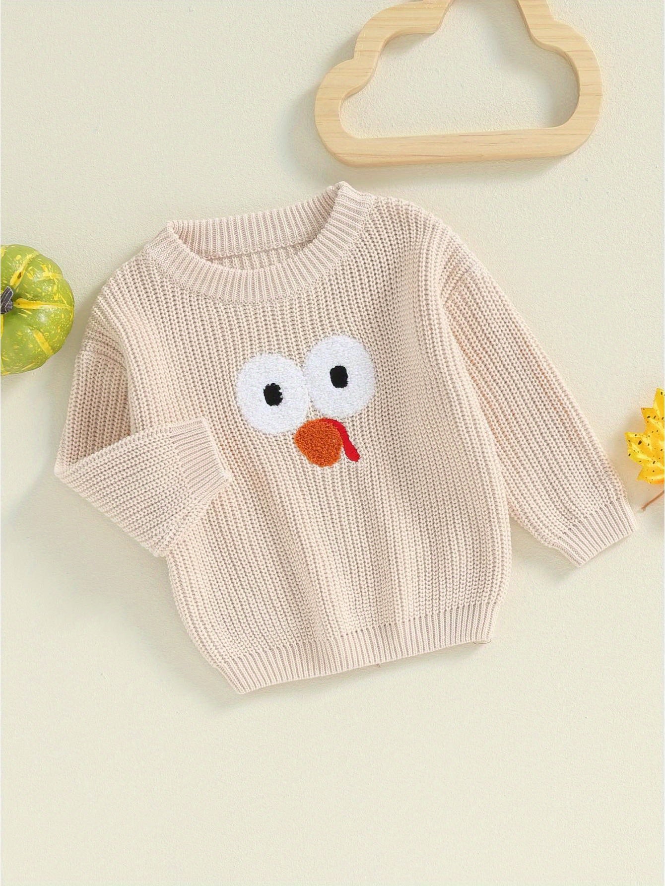 0-5 Years Adorable Turkey Embroidery Crew Neck Sweater - Soft, Long Sleeve, Fall Pullover for Kids, Boys, Girls - Thanksgiving Day Gift, Casual, Comfortable, Warm, Cozy Tops for Autumn