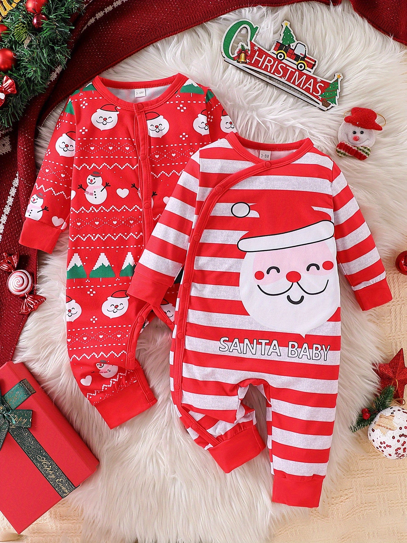 2pcs, Xmas Santa Claus & Snowman Pattern Striped Jumpsuit For Baby Boy's Fall Winter Outdoor Wear