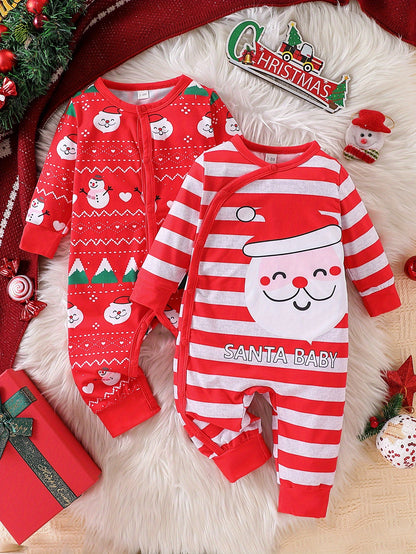 2pcs, Xmas Santa Claus & Snowman Pattern Striped Jumpsuit For Baby Boy's Fall Winter Outdoor Wear