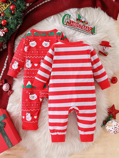 2pcs, Xmas Santa Claus & Snowman Pattern Striped Jumpsuit For Baby Boy's Fall Winter Outdoor Wear